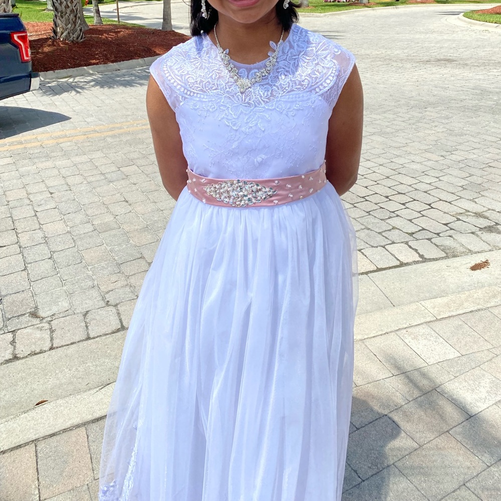 Ball-Gown/Princess Scoop Sweep Train Lace/Tulle Flower Girl Dress Size 12